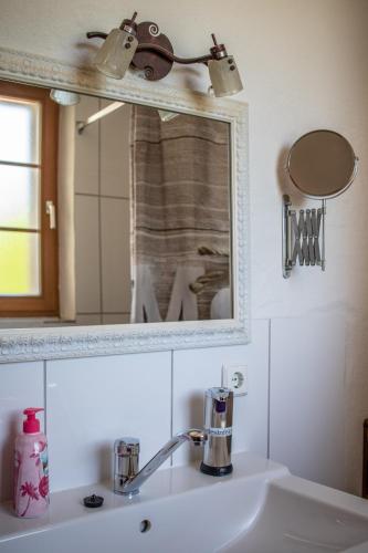 a bathroom with a sink and a mirror and a sink at Gästehaus zum Felsen in Überlingen