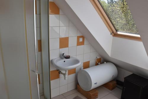 uma casa de banho com um lavatório e um WC em Nidos Horizontas em Neringa