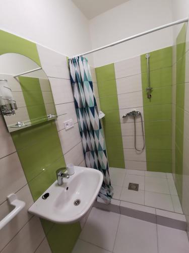 a bathroom with a sink and a shower at Penzión Bernáth in Rožňava