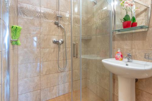 a bathroom with a shower and a sink at Aqua House Admirał in Mielno