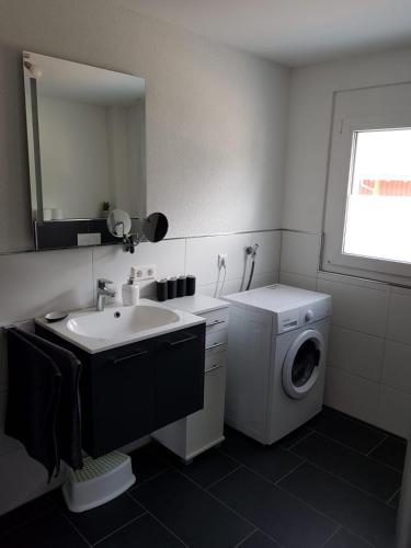 a bathroom with a washing machine and a sink at Ferienwohnung Seewaldstraße in Schluchsee
