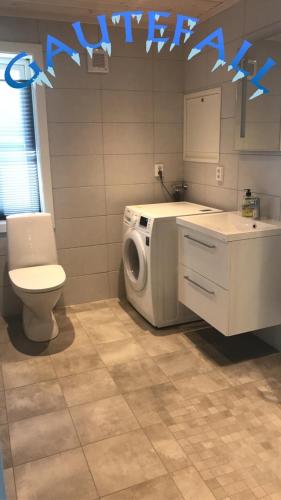 a bathroom with a washing machine and a toilet at Rytterlia 6 in Drangedal