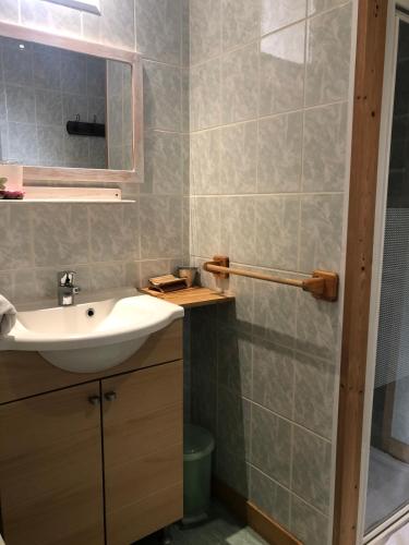 une salle de bain avec un lavabo et une douche dans l'établissement Chambre d´hôtes La Jonchère, aux Herbiers