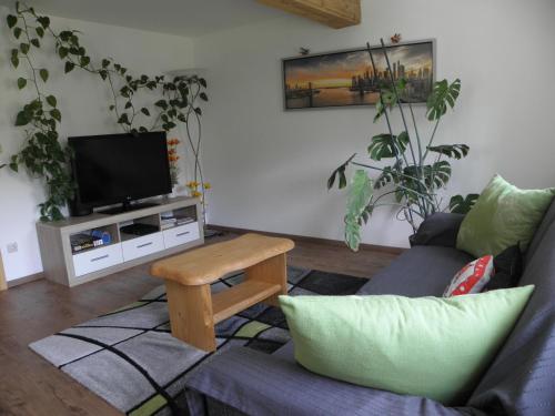 a living room with a couch and a tv at Ausseer Kleeblatt in Bad Aussee
