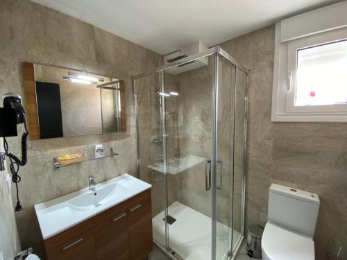 a bathroom with a shower and a toilet and a sink at Apartamentos La Ardina Celorio in Celorio