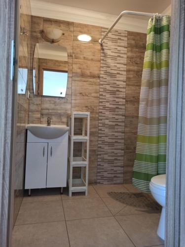 un baño con lavabo y ducha en Pokoje Gościnne Strażnica, en Jarosławiec