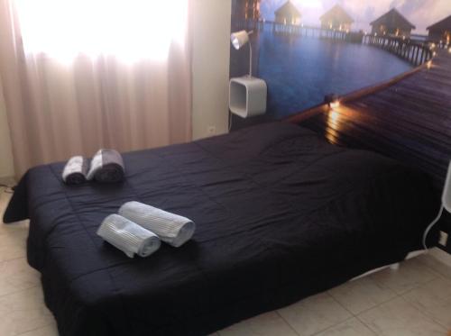 - un lit avec 2 serviettes et un bowling dans l'établissement Bord de mer villa 8pers piscine au sel chauffée, à Saint-Cyprien