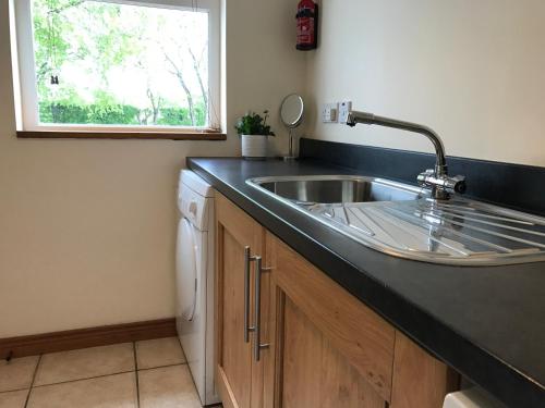 a kitchen with a stainless steel sink and a window at Craigs Rock Cottage Cookstown in Cookstown