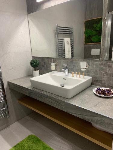 a bathroom with a white sink and a mirror at Hrebienok 2 Apartman D109 in Smokovce