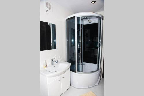 un bagno con doccia e lavandino di Студія, вул. Сумгаїтська, 24, центр ПЗР a Čerkasy
