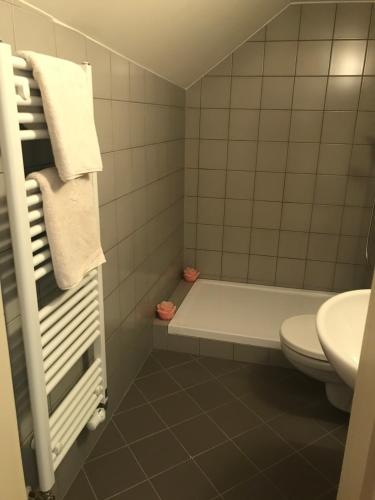 a bathroom with a tub and a toilet and a sink at Penzion U Synagogy in Jičín