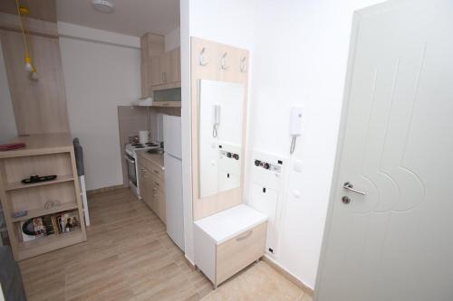 eine Küche mit einem weißen Kühlschrank und einer weißen Tür in der Unterkunft Fast Sleep & Go 3 in Paraćin