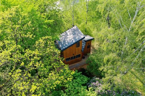 a wooden cabin in the middle of a forest at Węgiełek Treehouse in Kazimierz Dolny
