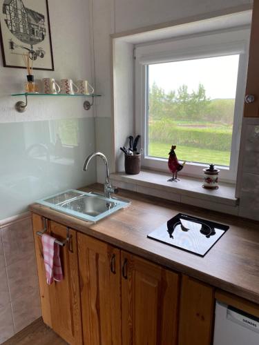 un bancone della cucina con lavandino e finestra di Haus Masur a Mikołajki