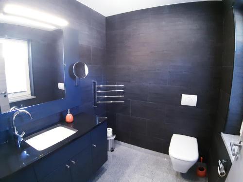 Baño negro con lavabo y aseo en Wellenreiter 1, en Breege
