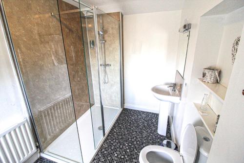 een badkamer met een douche, een toilet en een wastafel bij The Wheatsheaf Inn in Ingleton 