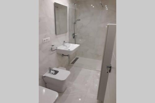 La salle de bains est pourvue d'un lavabo, de toilettes et d'un miroir. dans l'établissement El Centro 15 (Verblijf aan de Costa), à Benidorm