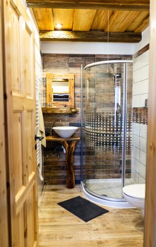 a bathroom with a glass shower and a sink at Penzion Kera in Rossitz