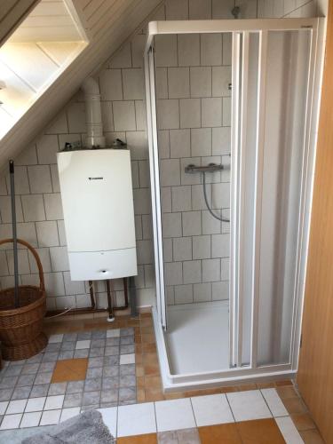 une salle de bain avec douche dans un grenier dans l'établissement Ferienwohnung mit Blick auf die Burg Stargard, à Burg Stargard