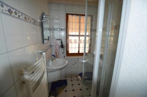 uma pequena casa de banho com um lavatório e um chuveiro em Haus Harzblick em Allrode