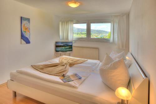 Schlafzimmer mit einem Bett mit einem Fenster und einem TV in der Unterkunft Seepension Hemetsberger in Mondsee