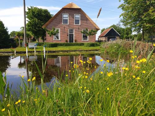 a house and a pond with yellow flowers in front of it at Boutique vakantiehuis Het Stalhuys in Reeuwijk