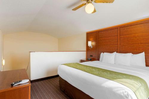 a hotel room with a large bed and a desk at Comfort Suites Stevensville - St Joseph in Stevensville
