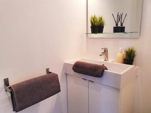 une salle de bain avec un lavabo et un miroir dans l'établissement Lille Centre Ville, Beaux Arts et Grand Palais, Bienvenue chez Nestyou Lille, à Lille