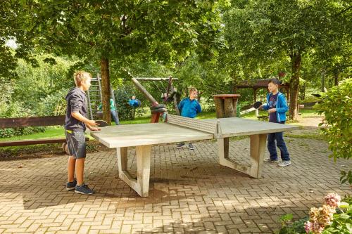 a group of children standing around a ping pong table at Hotel Schloßberg in Gräfenberg