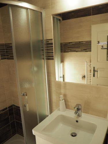 a bathroom with a sink and a shower at Pension Borůvka in Špindlerův Mlýn