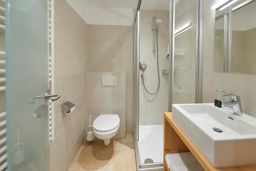 a bathroom with a shower and a toilet and a sink at AlpenOase Sonnhof in Saalbach Hinterglemm