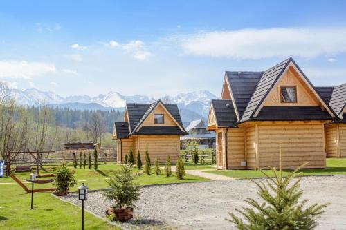 a log home with mountains in the background at Domki Gawra in Zakopane