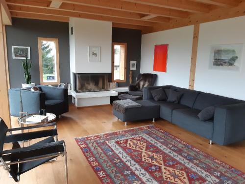 a living room with a blue couch and a fireplace at Alpine Dream Chalet with Spa close to Lake Geneva in Les Mosses