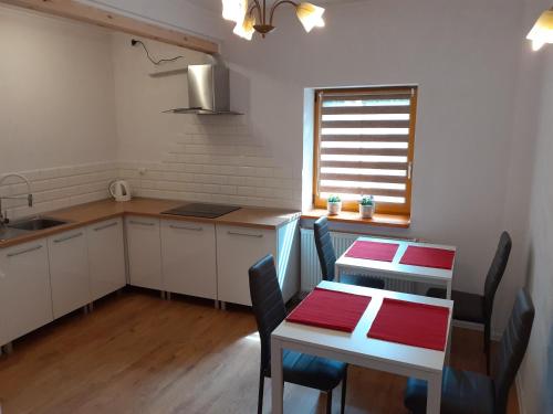 a kitchen with a table and chairs and a table and a window at Pensjonat Belona in Dziwnów