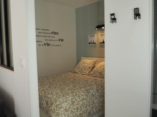 Dormitorio con cama con dosel en la pared en Le Millotet - Agréable studio à 2 mn Dijon Gare, en Dijon