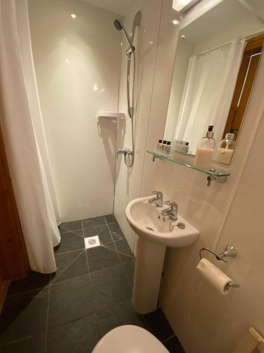 a bathroom with a sink and a toilet and a mirror at High View Cottage in Uttoxeter