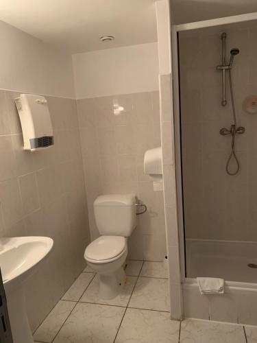 a bathroom with a toilet and a sink and a shower at Hôtel Le P'tit Monde in Montignac
