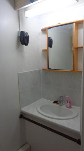 y baño con lavabo y espejo. en Appt Dolus-d'Oléron, Vert bois 2-3 personnes, en Grand-Village-Plage