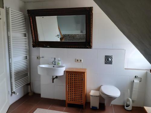 a bathroom with a sink and a toilet and a mirror at Bassener Monteurwohnung in Oyten