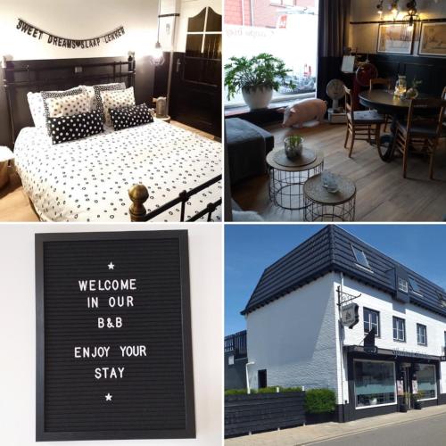 a collage of photos with a bed and a building at B&B SJLAOPE BIEJ DE SJLÈCHTER (slapen bij de slager) in Susteren