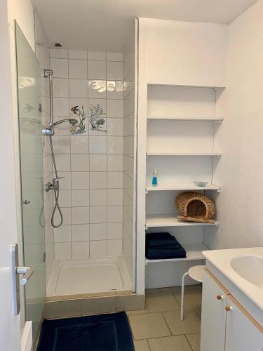 une salle de bain avec douche et lavabo dans l'établissement Pied à terre pour des vacances au bord de la mer, au Conquet