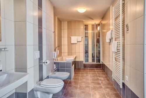 a bathroom with a toilet and a sink at Hotel Arena in Chomutov