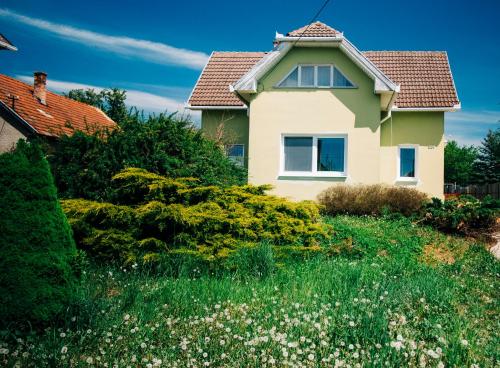 a house with a field of grass and flowers at Castle Village Apartment in Krásnohorské Podhradie