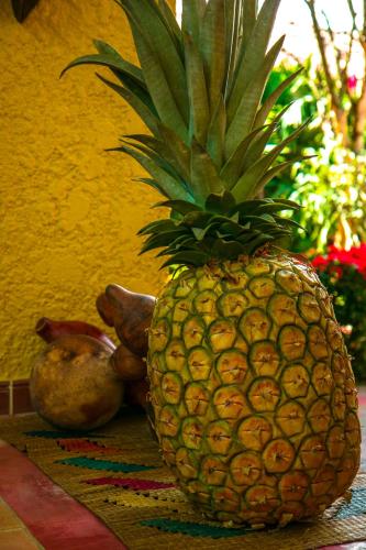 a pineapple sitting on a table with other fruits at Hosteria Tonusco Campestre in Santa Fe de Antioquia