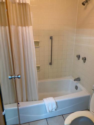 a bathroom with a blue tub and a toilet at Motel 6 Marianna, FL in Marianna