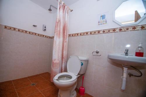 uma casa de banho com um WC e um lavatório em El paraíso de Zacatlán DEPARTAMENTO con JARDÍN, 11 pax em Zacatlán