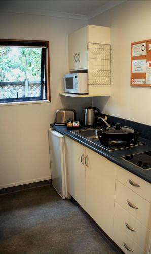 a small kitchen with a stove and a sink at Bayside Motel Whitianga in Whitianga