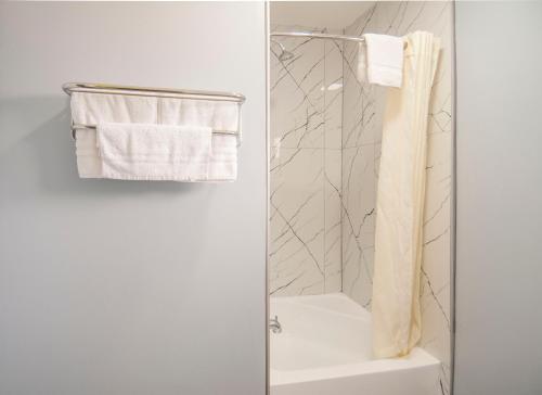a bathroom with a shower with white towels at Executive Inn Fort Stockton in Fort Stockton