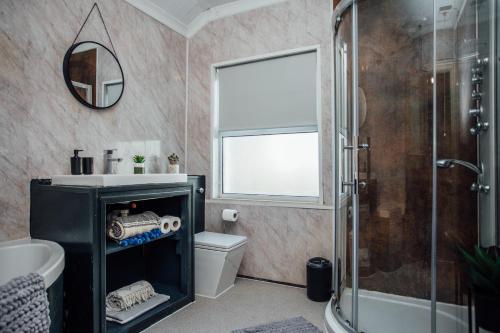 een badkamer met een douche, een wastafel en een toilet bij Beautifully Finished Spacious House! in Rugby