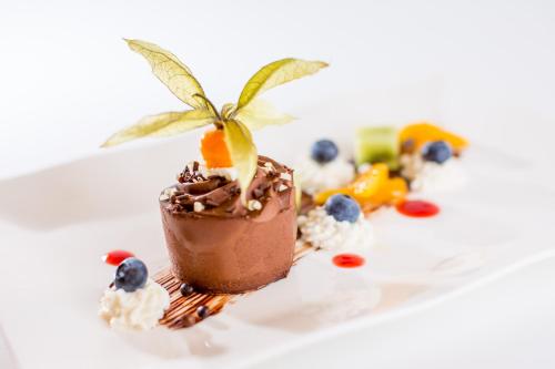a chocolate dessert with a palm on top on a white plate at City Partner Hotel Strauss in Würzburg